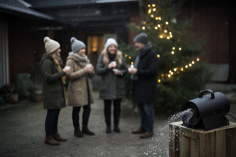 Fire voksne i vinterfrakker drikker varme drikke i en gård, mens en snemaskine lader sne falde ved et oplyst juletræ